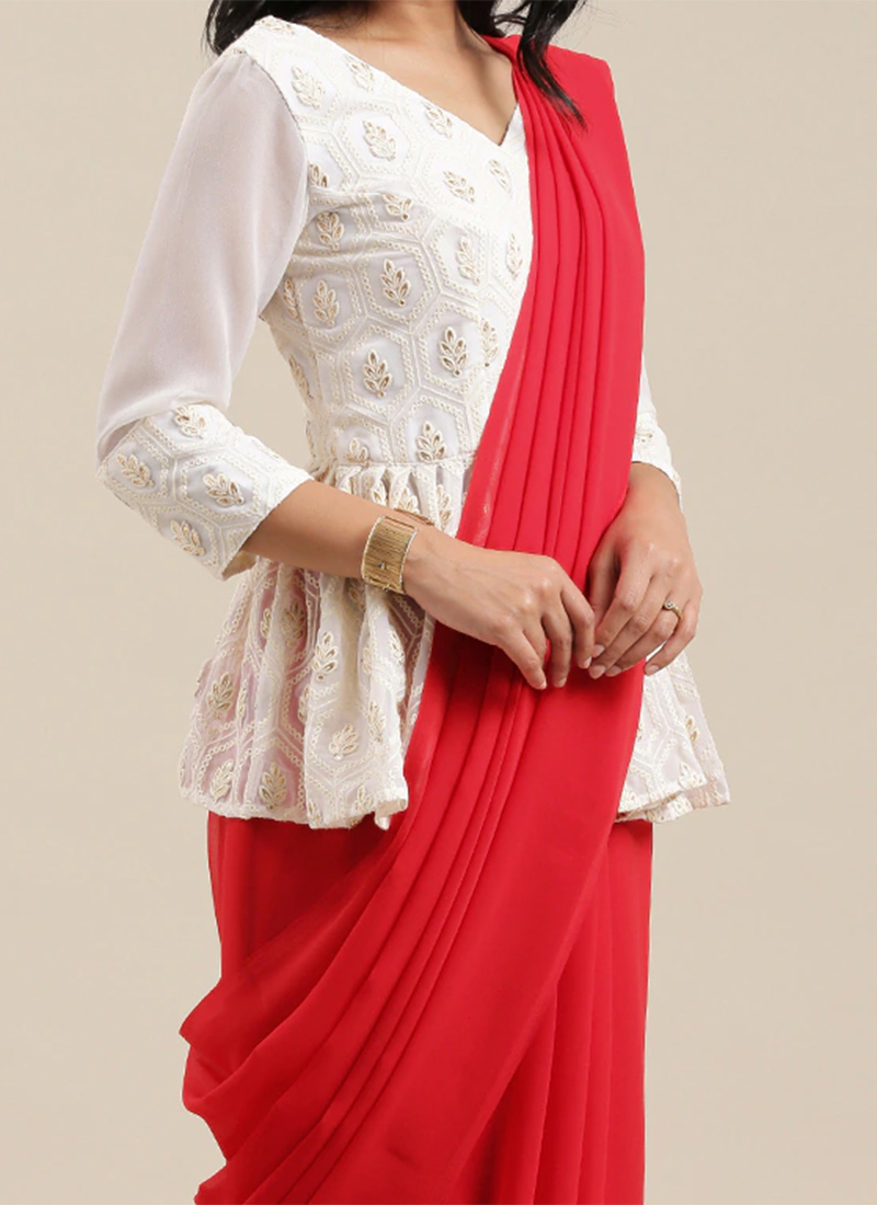 Red saree with white blouse Clearance