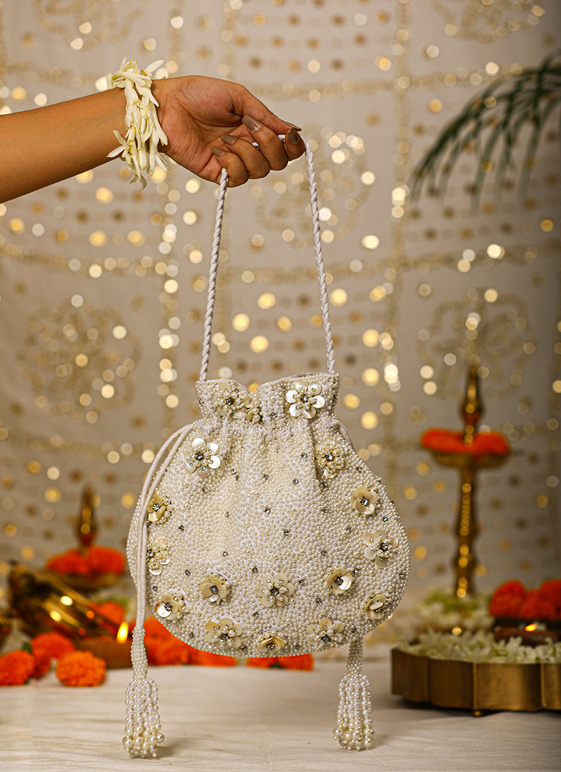 White Leather Beads Moti Stone Work Potli