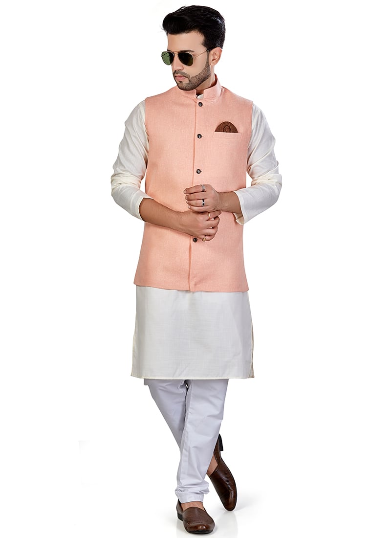 White Linen Blend Kurta Pyjama With Jacket