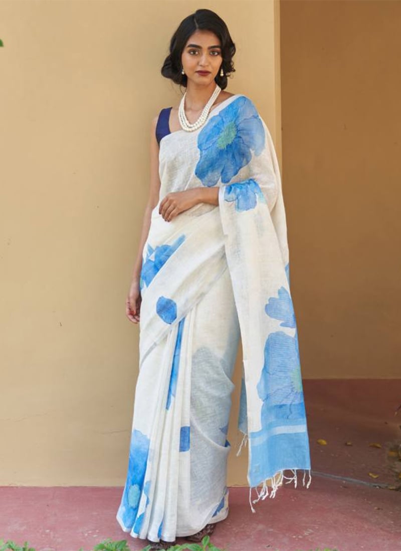White Linen Cotton Digital Printed Saree After Six Wear