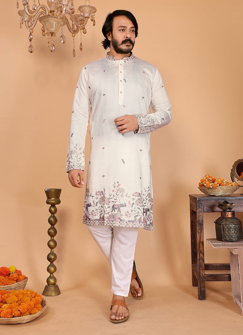 White Linen Cotton Embroidered Sequins Kurta Pyjama Festive Wear