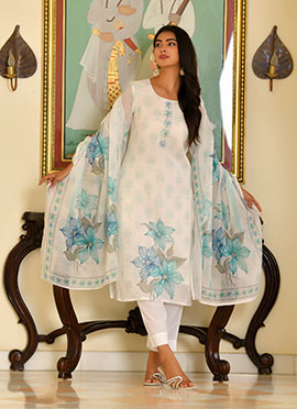 White Linen Digital Print And Zari Sequins Straight Pant Suit