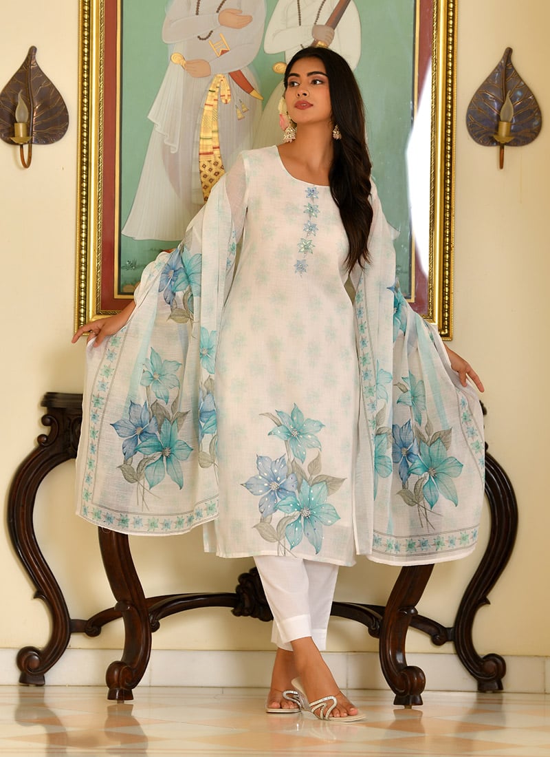 White Linen Digital Print And Zari Sequins Straight Pant Suit After Six Wear
