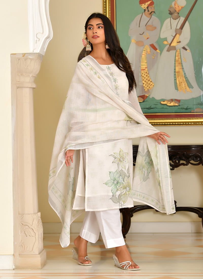 White Linen Digital Print And Zari Sequins Straight Pant Suit After Six Wear