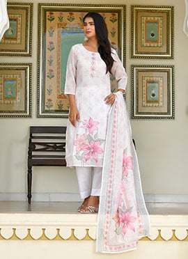 White Linen Digital Print And Zari Sequins Straight Pant Suit