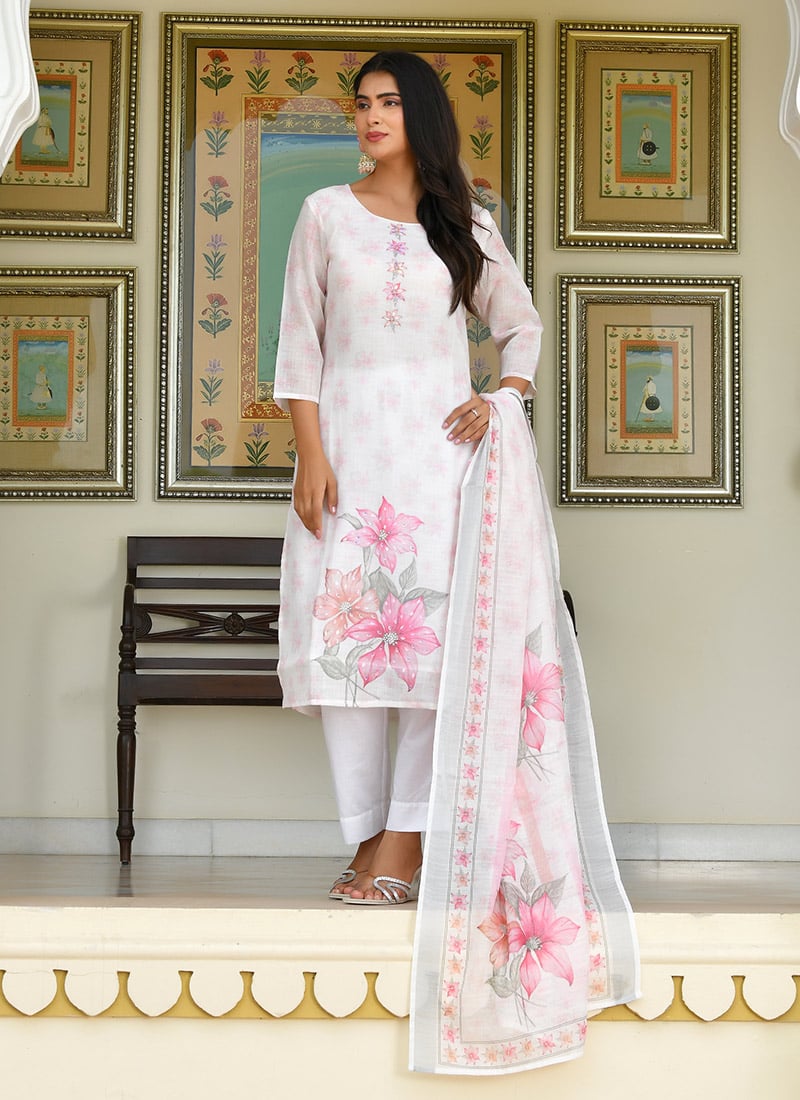 White Linen Digital Print And Zari Sequins Straight Pant Suit After Six Wear