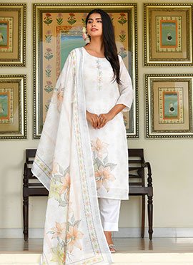 White Linen Digital Print And Zari Sequins Straight Pant Suit