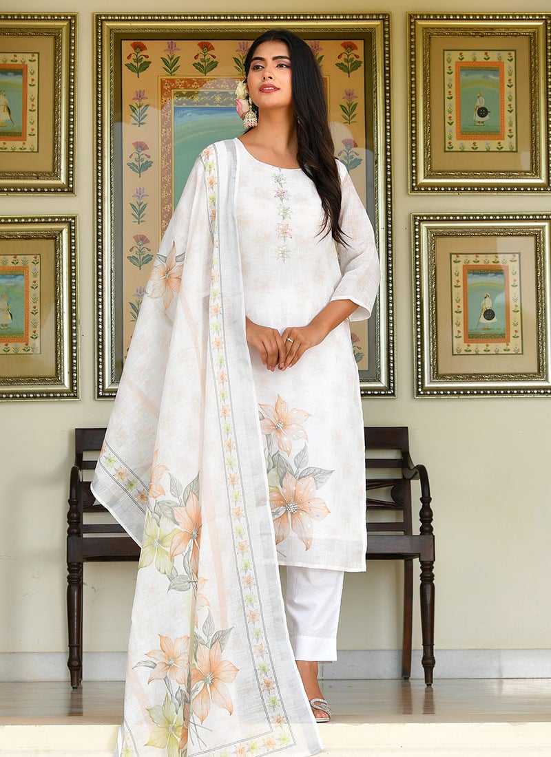 White Linen Digital Print And Zari Sequins Straight Pant Suit After Six Wear