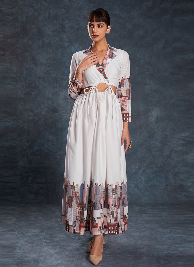 White Linen Digital Print Indowestern Long Dress