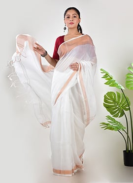 White Linen Zari Work Saree