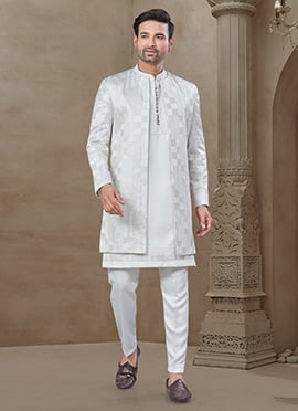 White Malai Silk Embroidered Printed Bandi Set