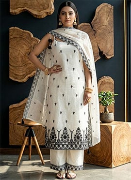 White Maska Cotton Silk Embroidered Pant Suit