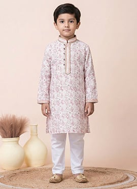 White Mono Cotton Polyester Printed Kids Boys Kurta Pyjama