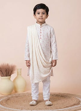 White Mono Viscose Printed Kids Boys Kurta Pyjama