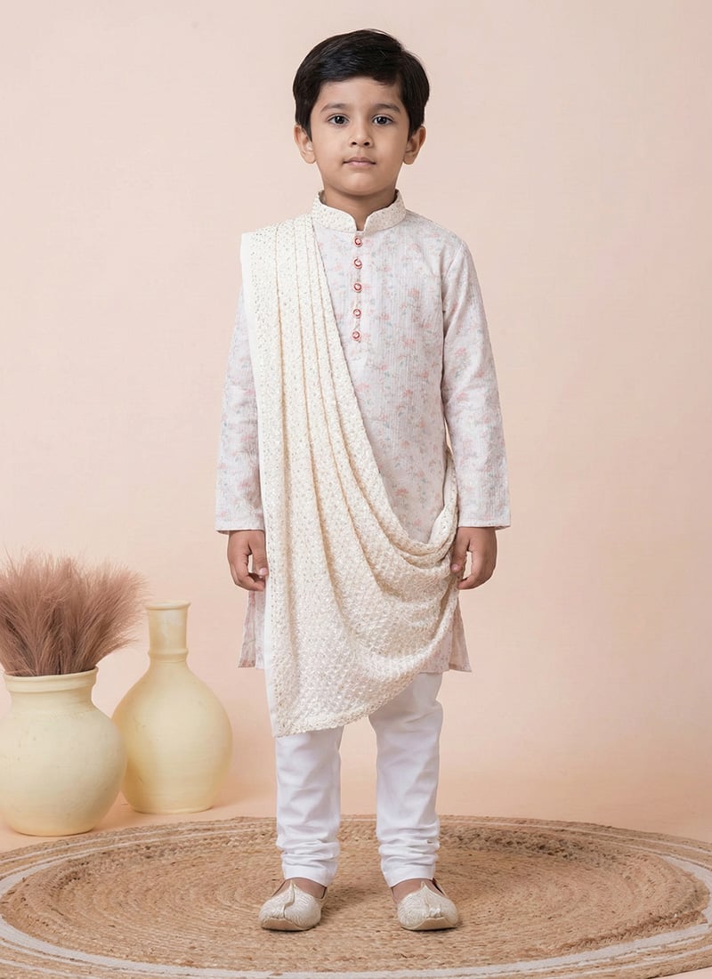 White Mono Viscose Printed Kids Boys Kurta Pyjama Festive Wear
