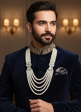 White Moti Kundan And Stone Men Necklace