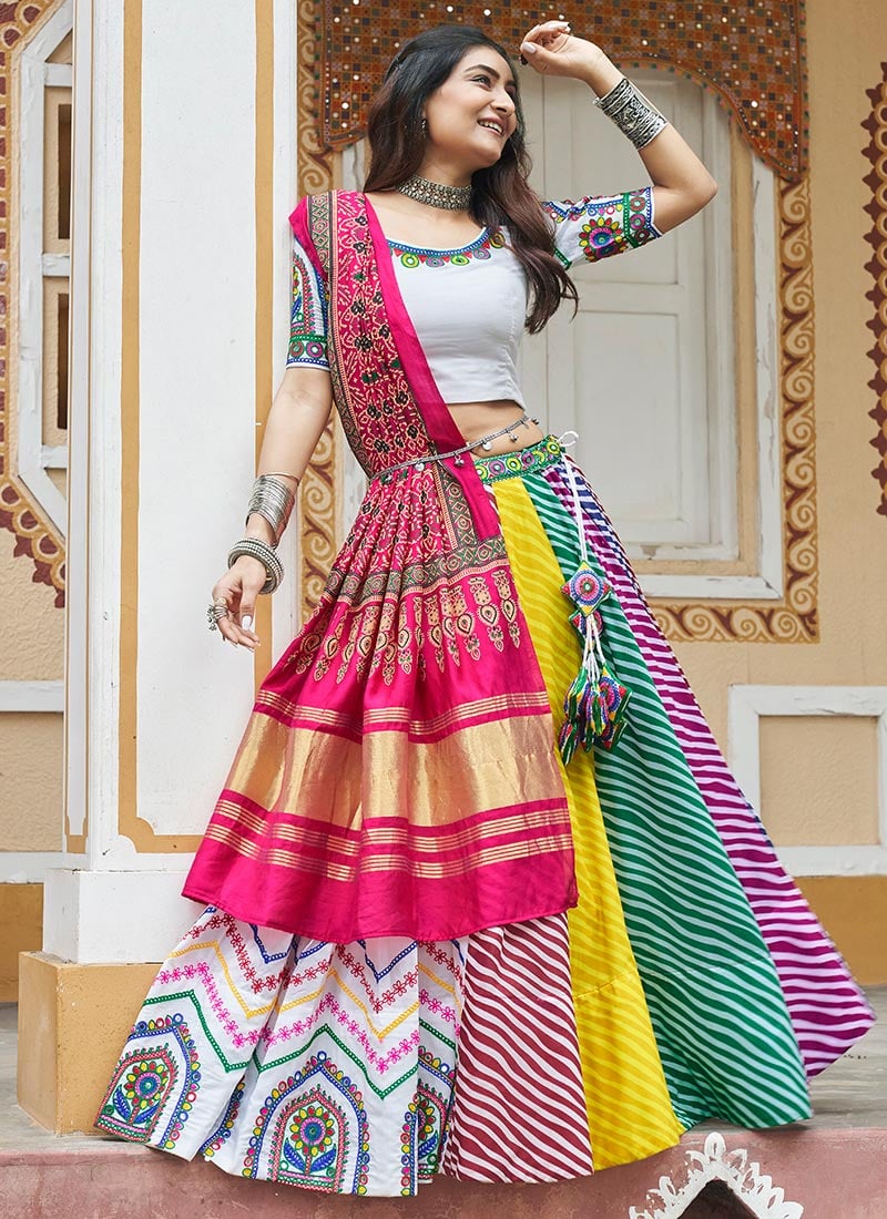 White Muslin Cotton Printed Embroidered Kutch Work Elegant Chaniya Choli Festive Wear