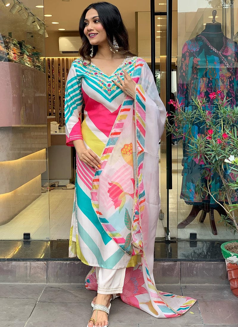 White Muslin Digital Print Straight Pant Suit Festive Wear-SLSLI24041018
