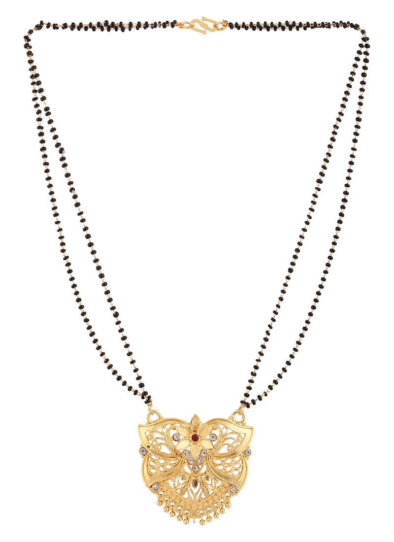 White N Black Antique Gold Plated Leaf Shape Mangalsutra Wedding Wear
