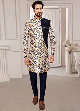 White N Blue Brocade Silk Embroidered Indowestern Sherwani