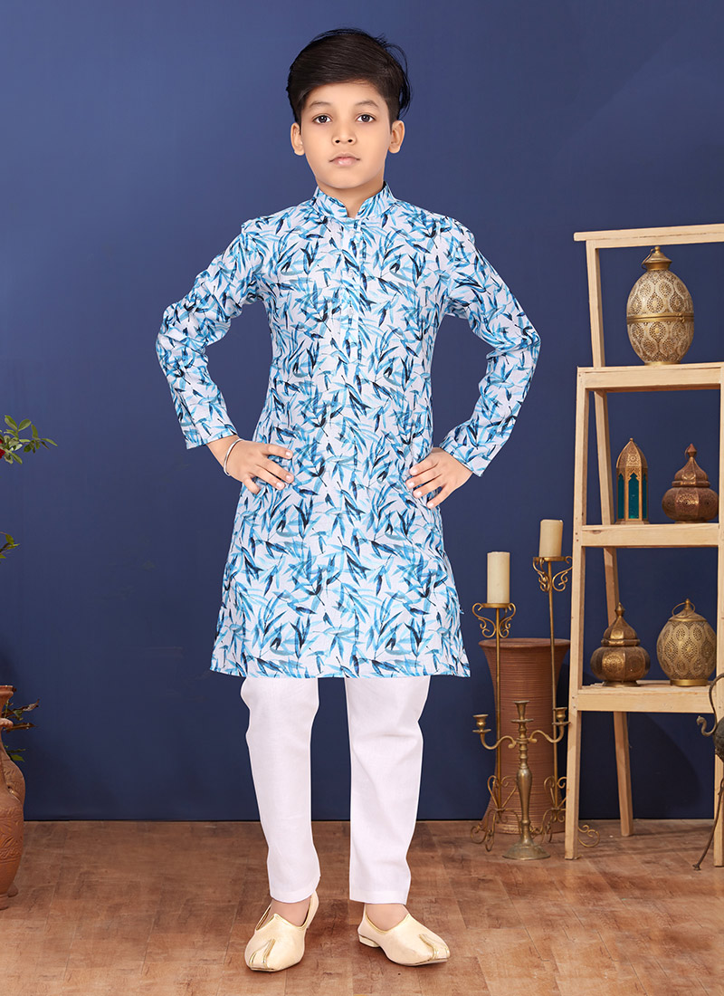 White N Blue Cotton Printed Boys Kurta Pyjama