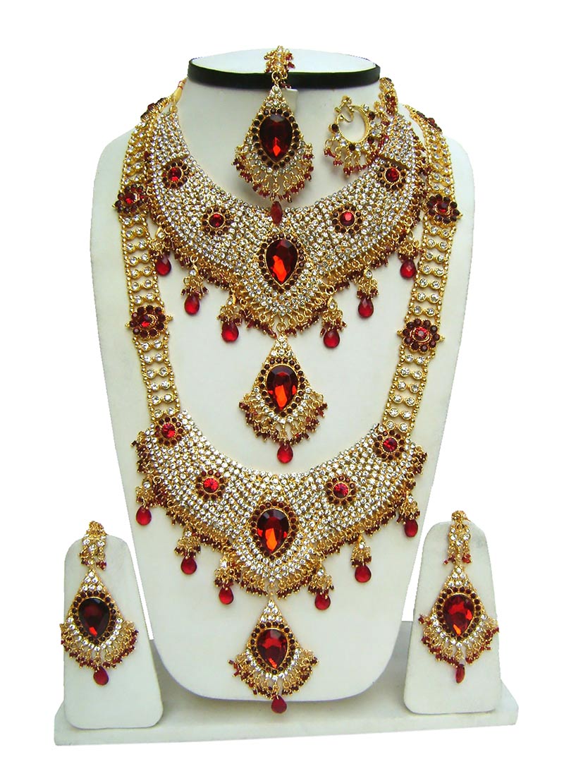 Buy White N Maroon Zircon Stones Bridal Set, Beads