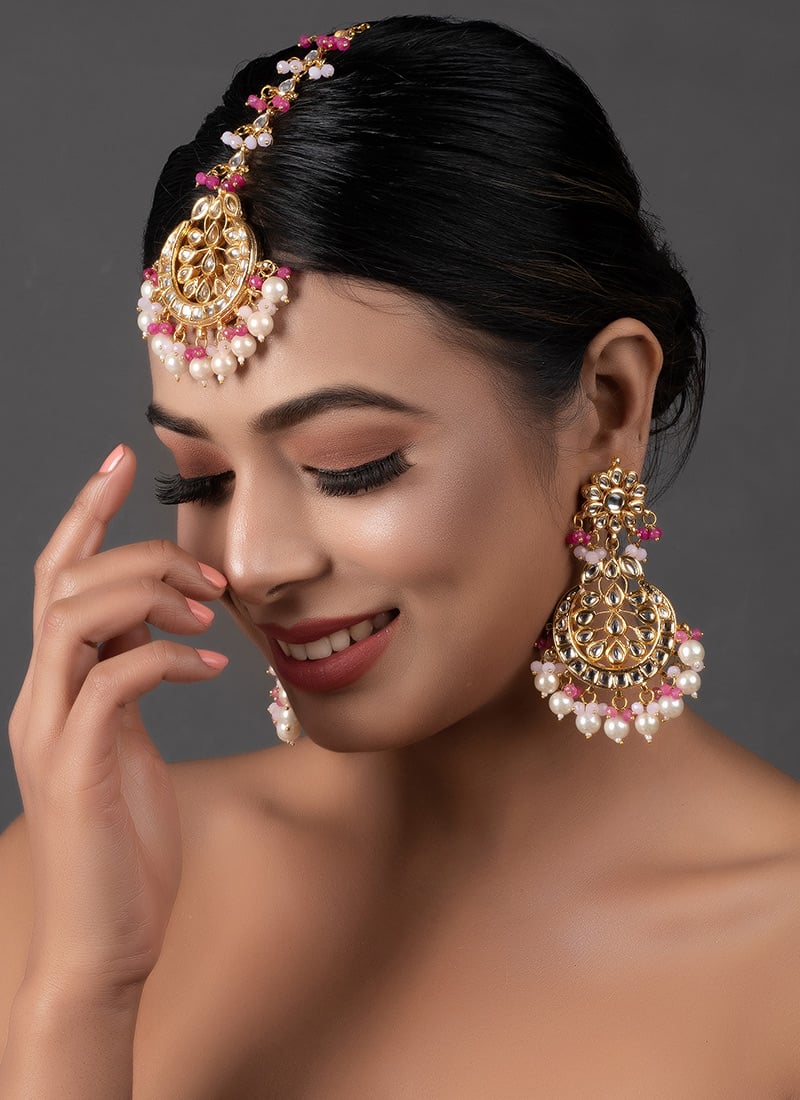 White N Pink Chaandbali Earrings With Mangtikka Party Wear