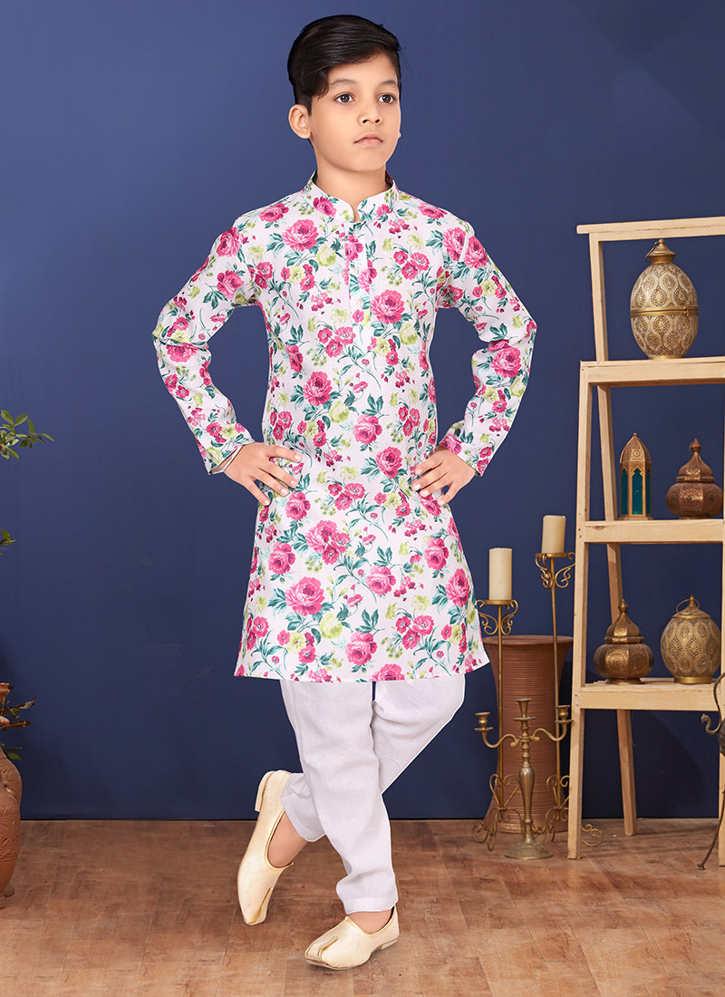 White N Pink Cotton Printed Boys Kurta Pyjama