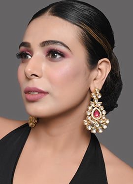 White N Pink Kundan Drops Earrings