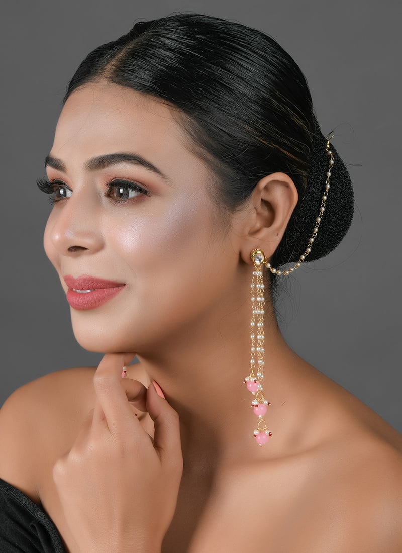 White N Pink Stud Earring With Hanging Party Wear