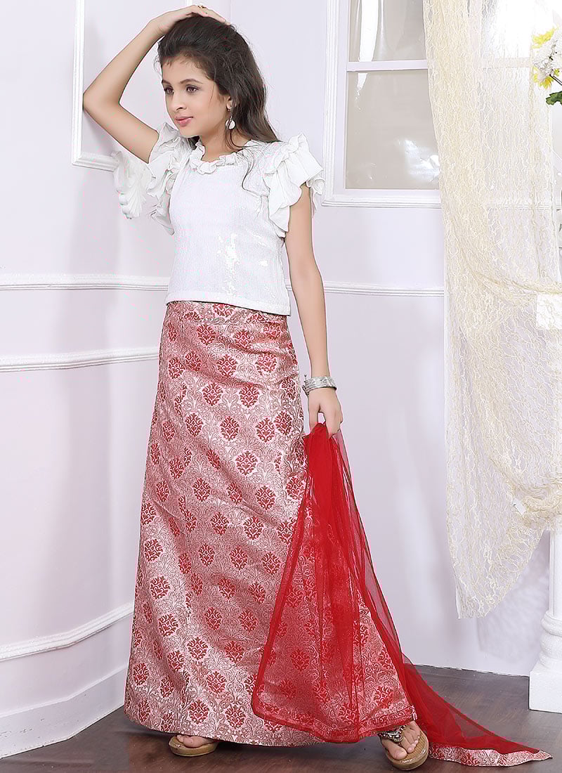 White N Red Sequins Embroidered Kids Lehenga Set