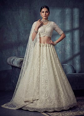 White Net Cutdana Embroidered Sequins Stones Lehenga