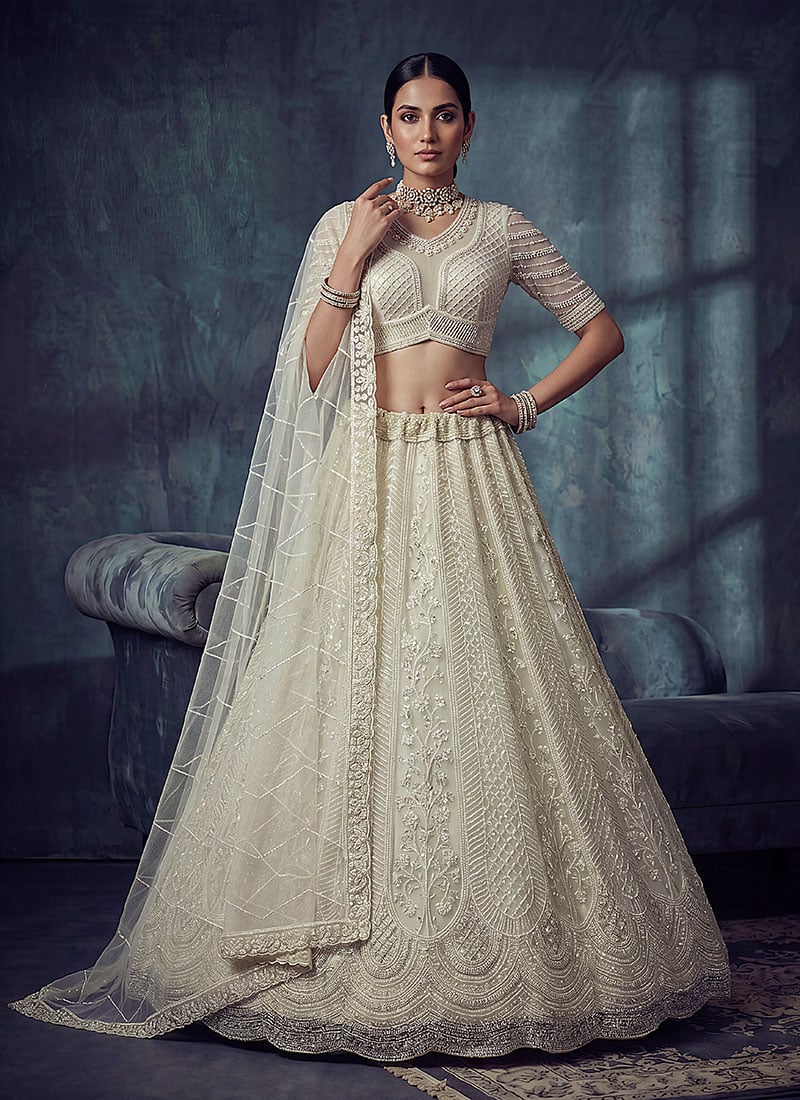 White Net Cutdana Embroidered Sequins Stones Lehenga Wedding Wear