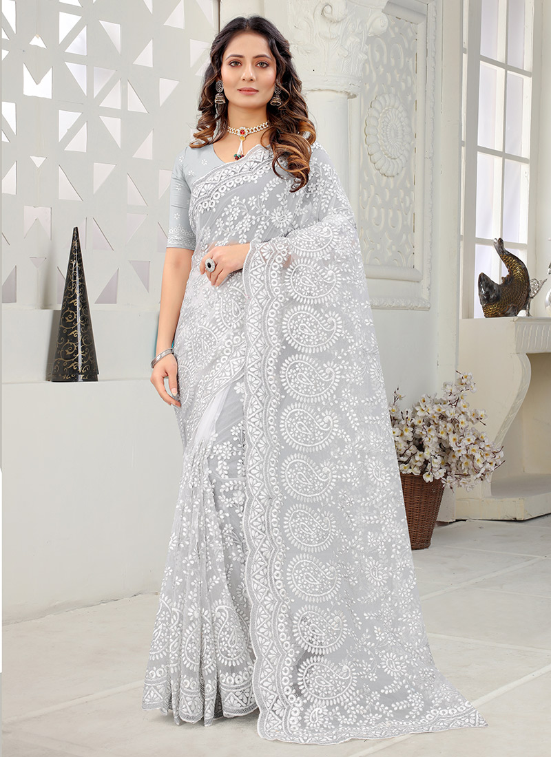 White Net Embroidered Saree