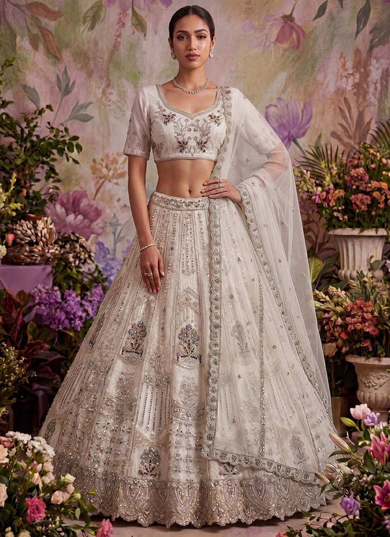 White Net Embroidered Sequins Lehenga Wedding Wear