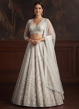 White Net Embroidered Sequins With Stone Work Lehenga