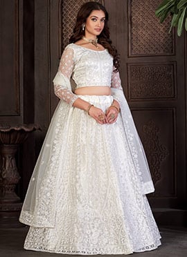 White Net Embroidered Umbrella Lehenga