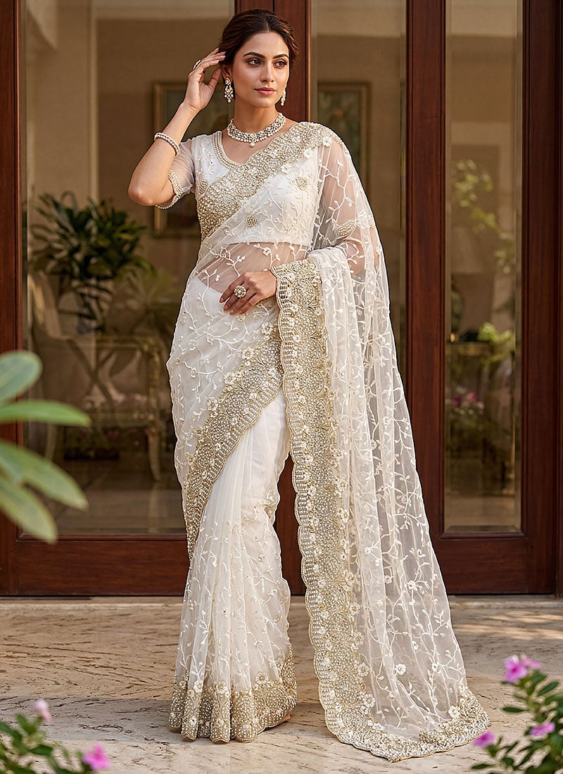 White Net Embroidered With Beads Work Saree After Six Wear