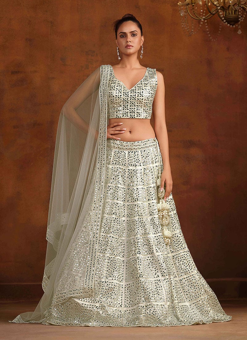 White Net Embroidery Stone And Hand Embroidered Umbrella Lehenga Wedding Wear