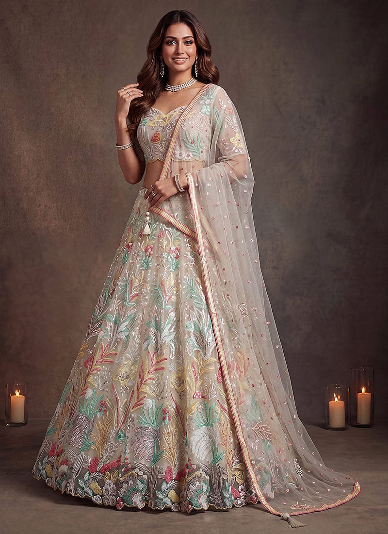 White Net Sequins Embroidered Lehenga Wedding Wear