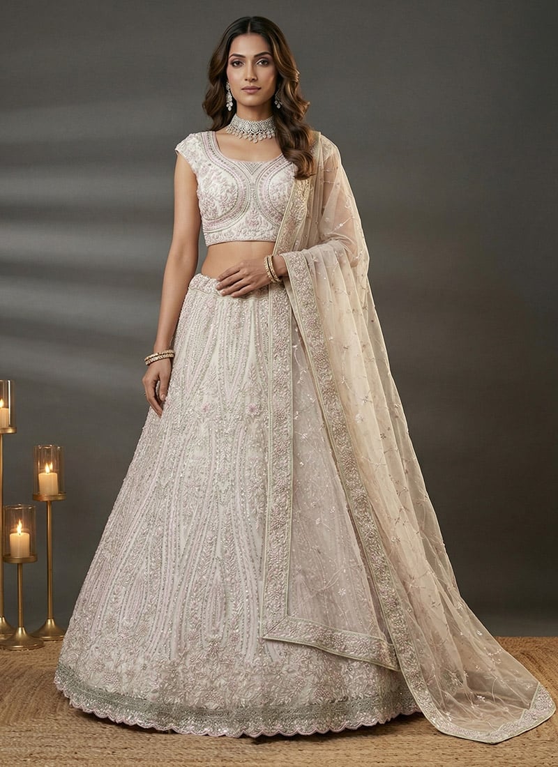 White Net Sequins Embroidered Zarkan Stones Thread Umbrella Lehenga Wedding Wear