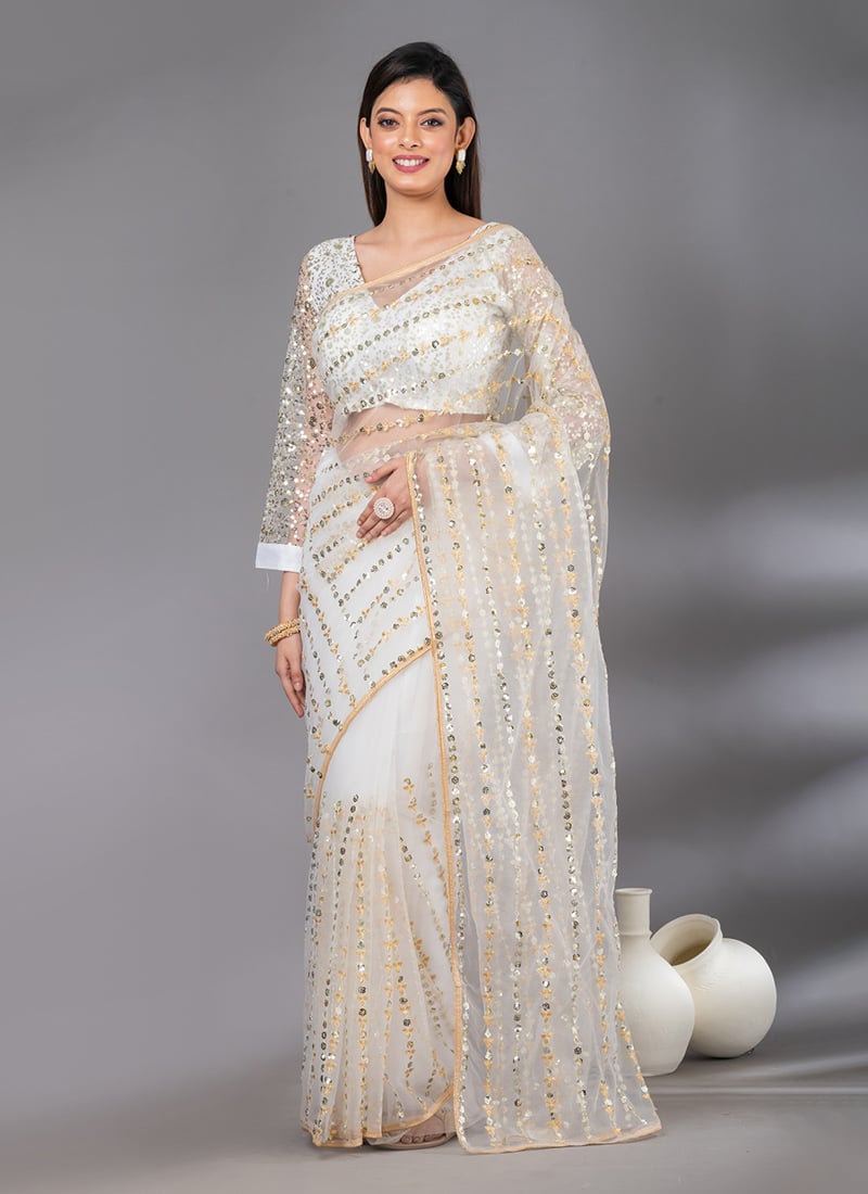 White Net Sequins Saree Party Wear