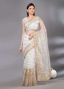 White Net Sequins Saree