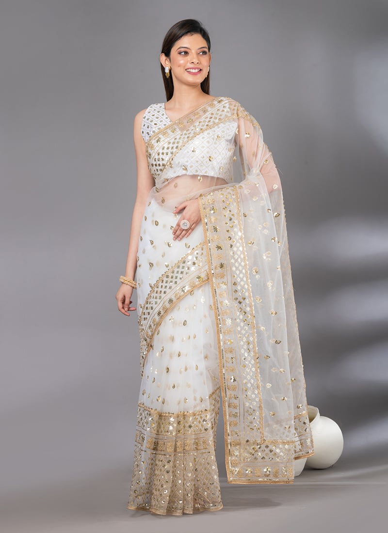 White Net Sequins Saree Party Wear