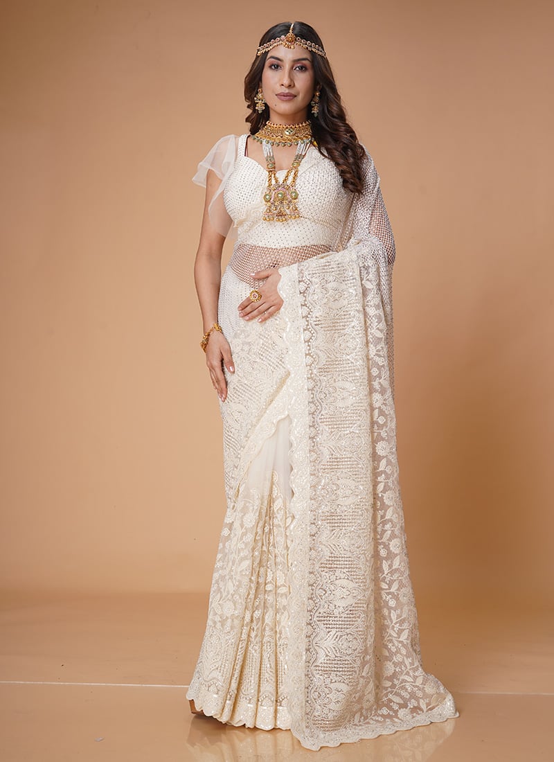 White Net Stone Sequins Graceful Saree Wedding Wear