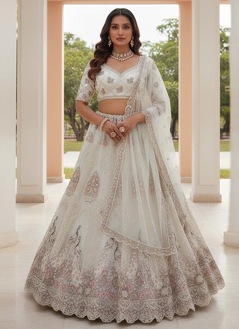 White Net Thread Zarkan Stone Embroidered Umbrella Lehenga Wedding Wear