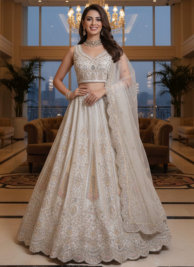 White Net Thread Zarkan Stone Embroidered Umbrella Lehenga Wedding Wear