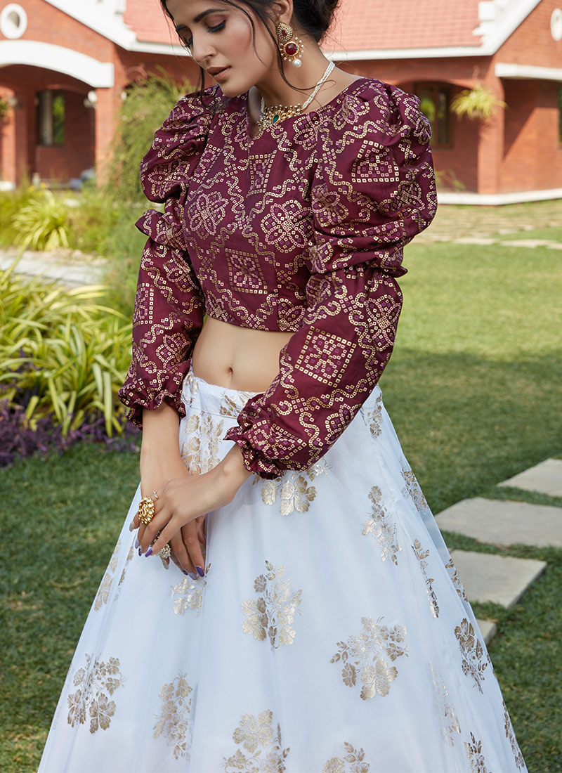 Buy White Net Umbrella Lehenga Party Wear, Foil Print, umbrella lehenga