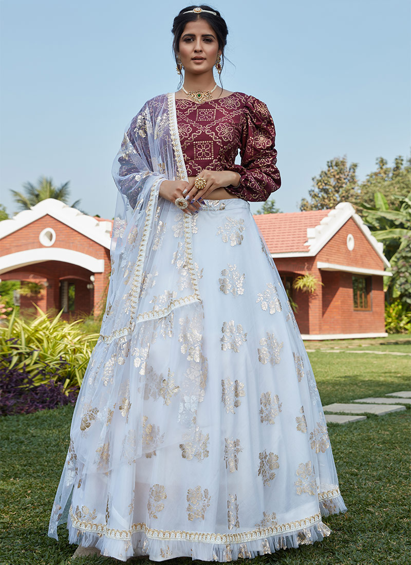 Buy White Net Umbrella Lehenga Party Wear, Foil Print, umbrella lehenga