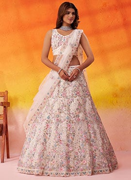 White Net Zari Embroidered Sequins With Beads Work Lehenga